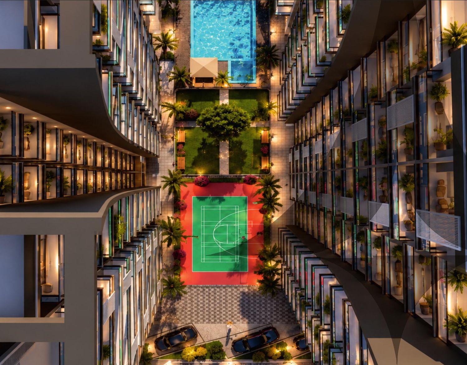 Top view of The Arris tower balconies, landscaped courtyard and sports court