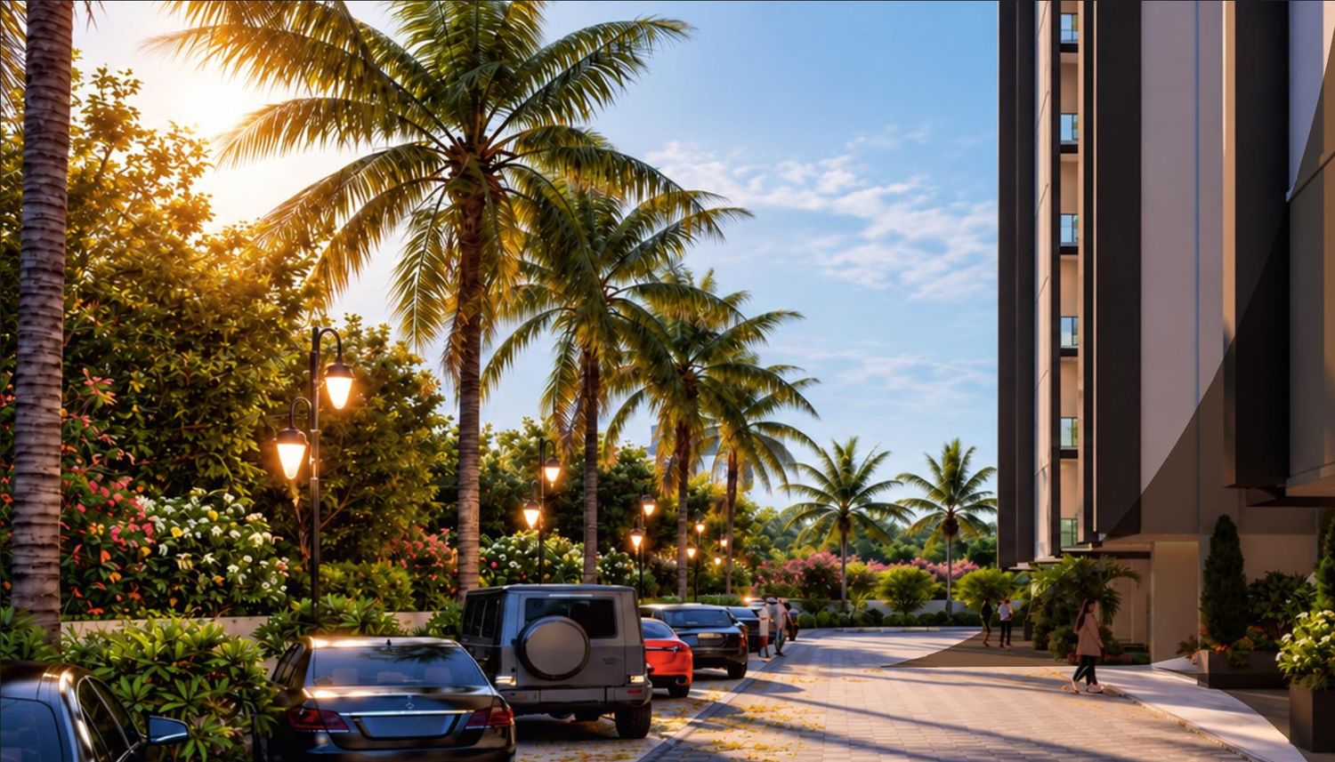 Palm-lined landscaped driveway at The Arris luxury apartments, Lucknow